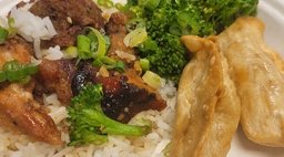 Plate of Chinese food with dumplings and stirfry