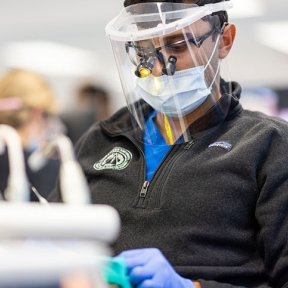 Student simulating putting implants into a manikins mouth