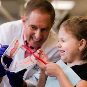 Young girl uses toothbrush to practice brushing teeth with mouth model.