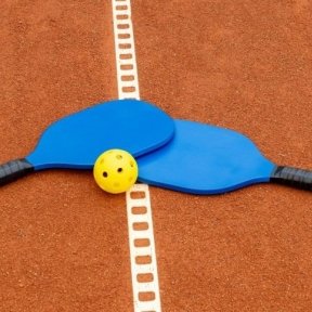 Pickleball paddles and ball laying on the field.