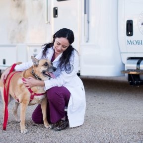 Dr. Kriesler kneeling in front of mobile clinic with a standing dog.
