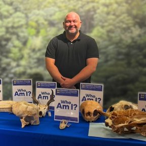 Kevin Manfredi stands by a collection of animal skulls displayed at the Arizona Museum of Natural History.
