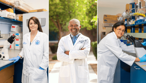 Kristina Martinez-Guryn, Ph.D., RD, Adebayo James Molehin, Ph.D., M.S., and Gwendolyn Pais, Ph.D., Research Assistant Professor in white coats.