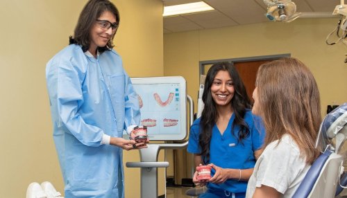 Dentist and dental student speaking to young patient