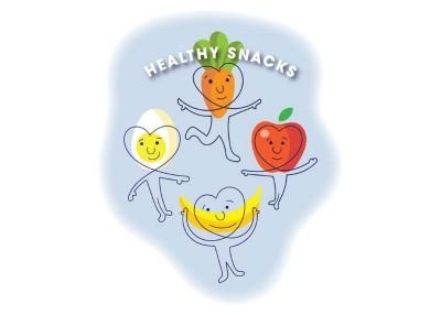 Healthy snacks can be carrots, apples, bananas, and pears.