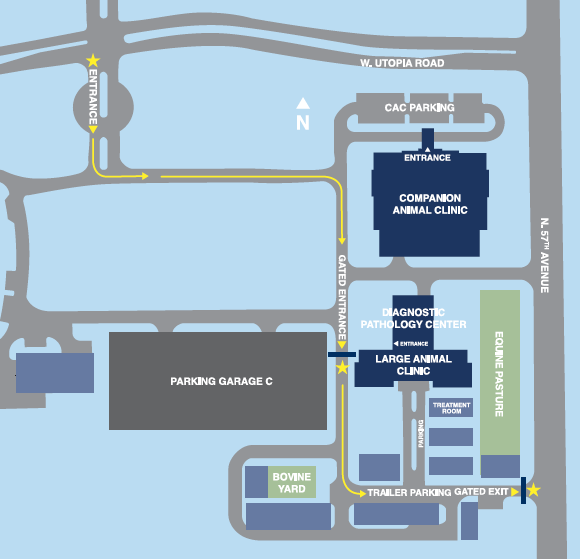 Street map showing entrance, parking garage, and trailer parking for the veterinary clinics.